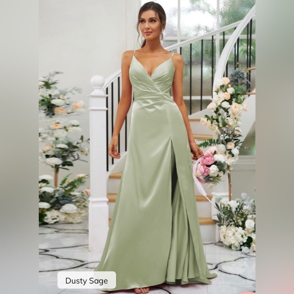 Hebeos Satin V-neck Sleeveless Floor-Length Bridesmaid Dress Sage Green Size 14